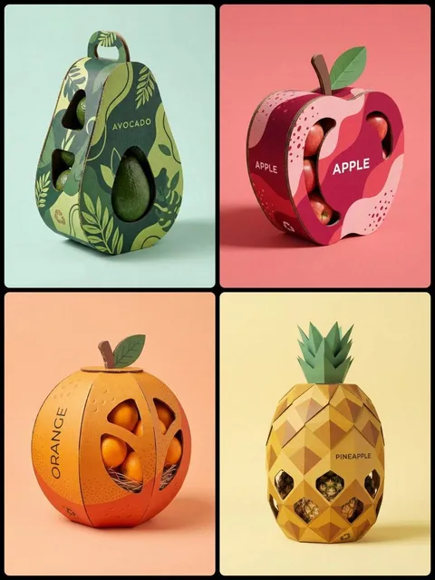 A high-quality professional product photography of a creative structural packaging design for [Fruit Name]. The packagin