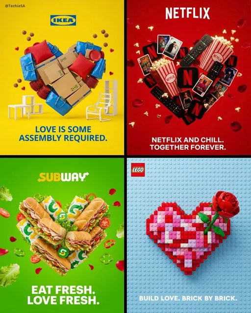 A professional Valentine's Day advertisement for [BRAND] featuring multiple [PRODUCT] items arranged in a heart shape, set against a clean, vibrant brand color background with rose