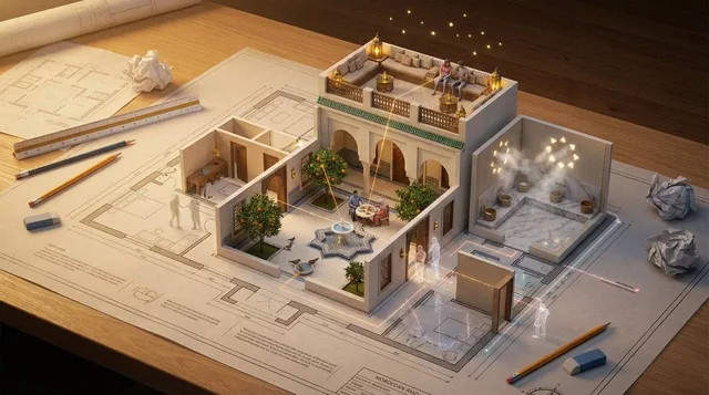 An architectural floor plan of {BUILDING_TYPE} spread across a drafting table, with the spaces rising into inhabitable m