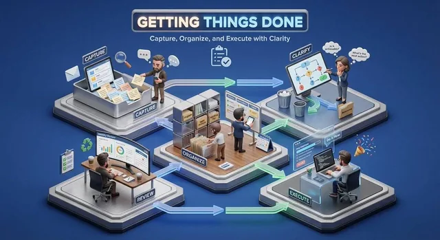 Create a 3D isometric miniature diorama showcasing the productivity system [SYSTEM NAME]. Angle remains between 35–45°.