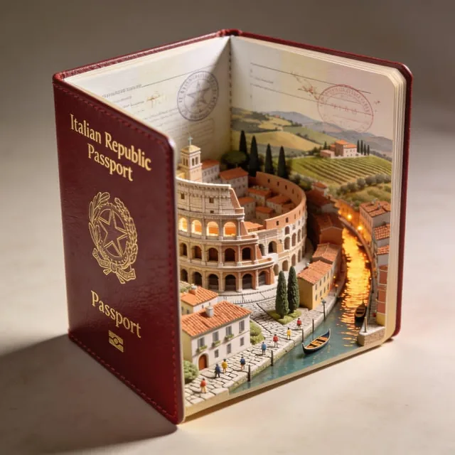 Hyper-realistic open [COUNTRY] passport on a studio surface, with gold-embossed “[Official Passport Name]” text and leat
