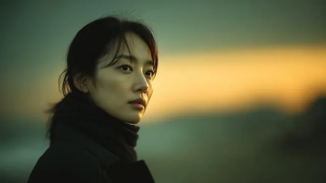 Photorealistic cinematic portrait of a young East Asian woman standing outdoors at sunset, side-profile close-up, lookin