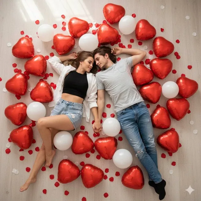 A hyper-realistic 8k high-angle overhead shot, captured with a wide-angle lens, presents a romantic scene of a couple ly