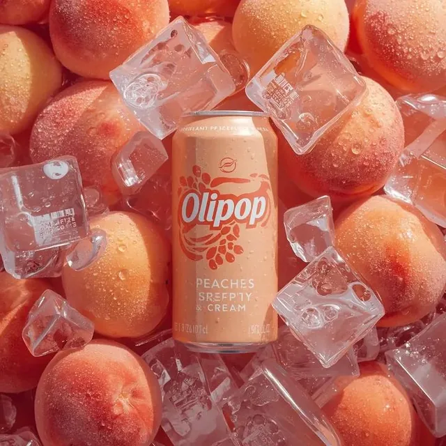 Ultra-realistic commercial product photography of a pastel peach-colored soda can labeled “OLIPOP – Peaches & Cream” pla