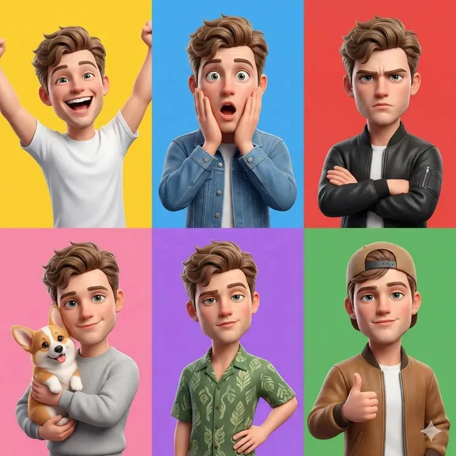 A 3D Pixar-style animated young male character showcased in a 6-panel grid layout, each panel featuring a different faci