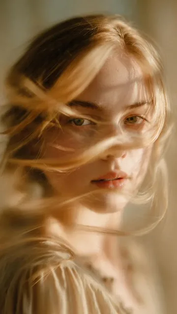 A soft-focus, cinematic portrait of a young woman with delicate facial features and light golden hair, caught in motion.
