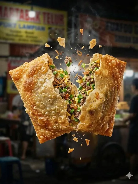 Ultra-realistic high-speed food photography of a crispy golden fried snack breaking apart mid-air, creamy savory filling