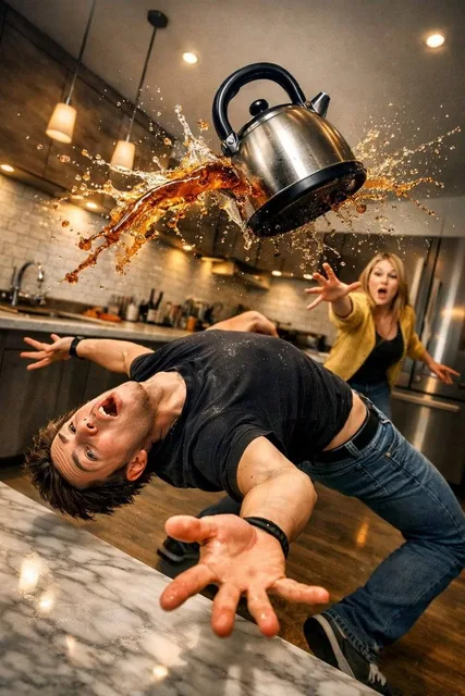 Surreal comedic scene inside a modern kitchen: a young man bends backward in an extreme dodge pose, acrobatic and exagge