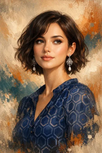 A beautiful semi-realistic digital portrait of an elegant young woman with short wavy dark brown hair, soft glowing skin