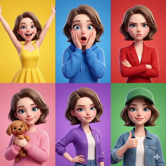 3D Pixar-style animated girl shown in a 6-panel grid, same character with short brown hair and big blue eyes, different