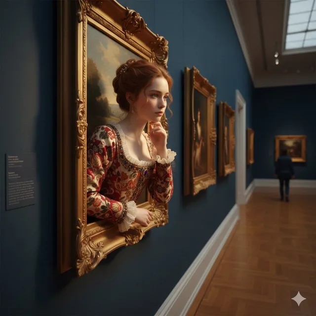 A surreal, ultra-realistic scene of a young woman emerging from an ornate golden picture frame mounted on a deep blue ga