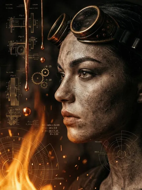 A cinematic close-up profile of a weathered women with a salt-and-pepper face, wearing brass-rimmed aviator goggles push
