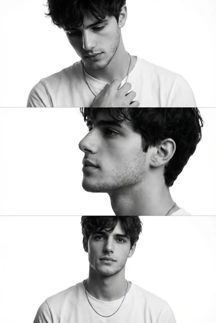 Preserve the face, proportions, and external features of the model as in the reference. A minimalist monochrome fashion