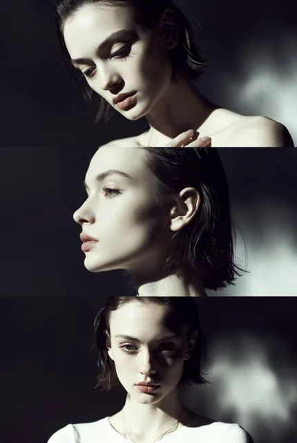 Preserve the face, proportions, and external features of the model as in the reference. A minimalist monochrome fashion