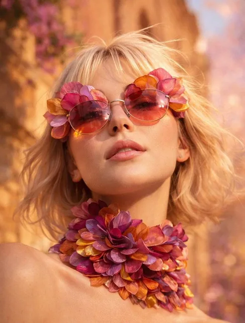 Low-angle close-up portrait of a platinum blonde woman wearing oversized sculptural sunglasses crafted from delicate tra