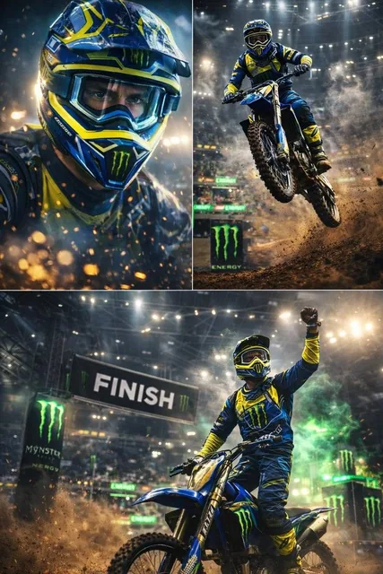 Ultra-dynamic motocross racing scene featuring a professional dirt bike rider performing extreme stunts inside a massive