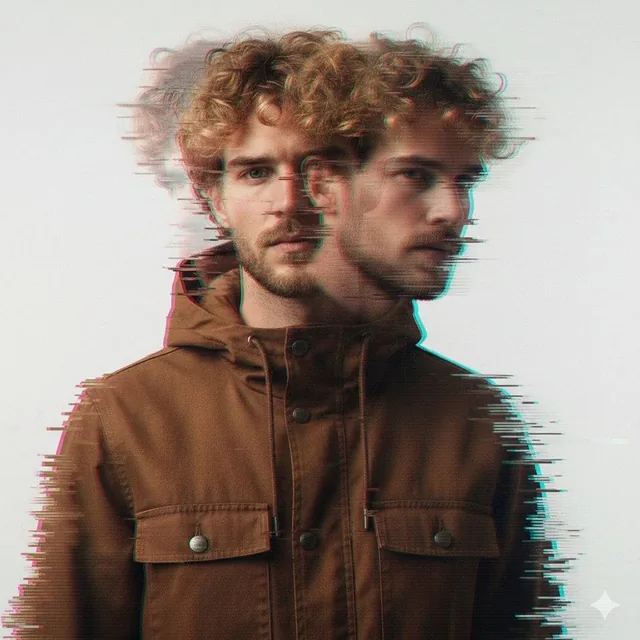 A double exposure, long exposure editorial photograph of a man Use image for face reference in a brown hooded utility ja