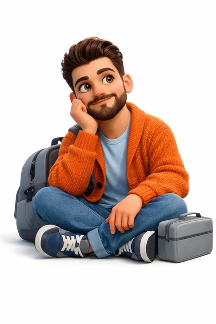 create a A 3D, Pixar-style animated young man sits cross-legged on a pure white, isolated background. He has bright, oli