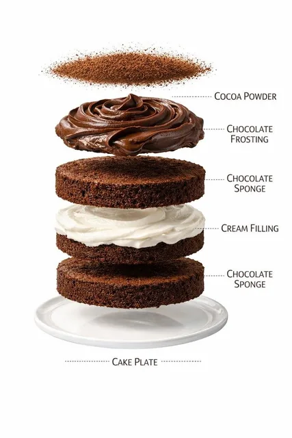 Ultra-realistic premium food photography of a layered chocolate cake on a white plate, centered composition, three thick