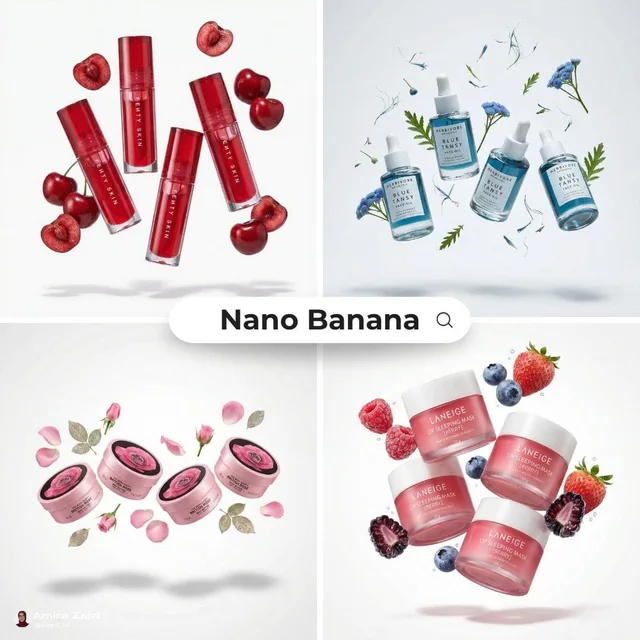 [product], 3–4 identical units of the product floating in mid-air, surrounded by fresh [fruit/vegetable] and sliced piec