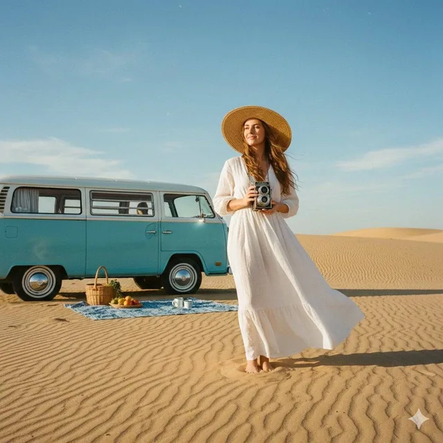 A wide shot of a woman in an airy white linen maxi dress and a wide-brimmed straw hat, standing in a vast, sun-drenched