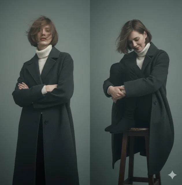 Left Pane: A young woman with a bob haircut stands facing the camera with a confident, slightly defiant expression. Her