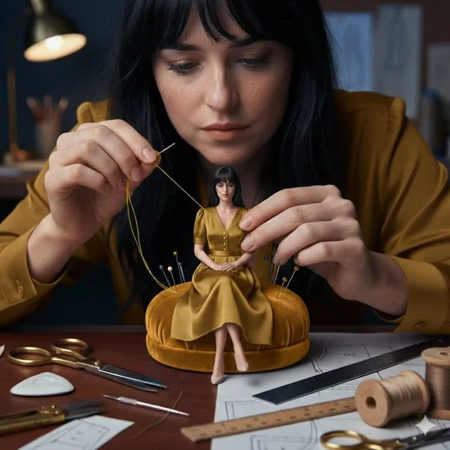 A cinematic fashion studio scene of a woman hand-sewing a miniature dress worn by a tiny version of herself seated on a