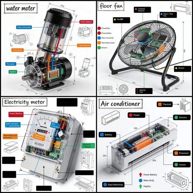 Create a technical infographic of [OBJECT] with a 45-degree isometric 3D perspective showing the device slightly tilted