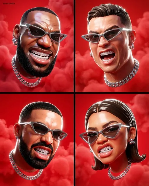 A hyper-stylized, dynamic 3D head portrait floats against a vivid red background with soft volumetric clouds and seamles