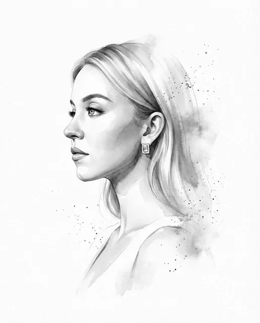 Transform the input photo into a refined monochromatic ink portrait on a pure white background. Clean side profile facin