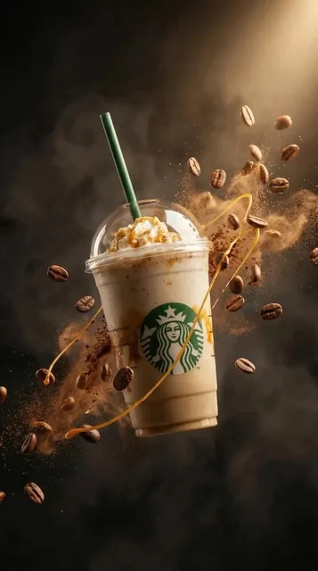 Ultra-realistic commercial product photography of a caramel frappuccino in a clear plastic cup with dome lid and green s