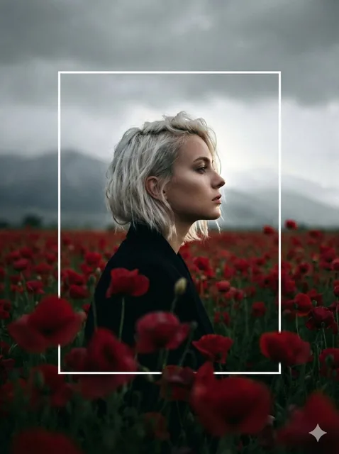 A cinematic, high-contrast profile portrait of a woman with short, platinum-blonde hair, standing in a vast field of dee