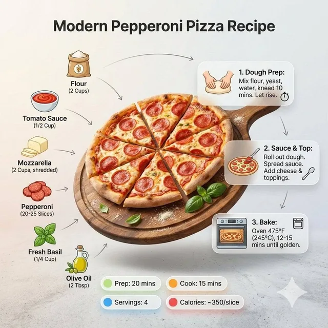 Ultra-clean modern recipe infographic. Showcase Pizza in a visually appealing finished form—sliced, plated, or portioned