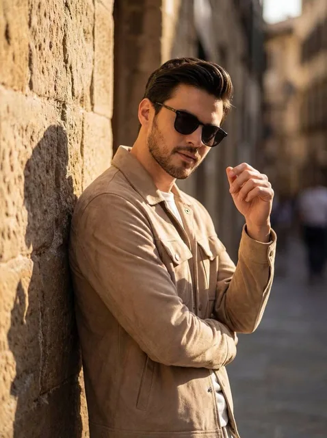 A cinematic golden hour portrait of a stylish man leaning against a textured stone wall, wearing dark sunglasses, a beig