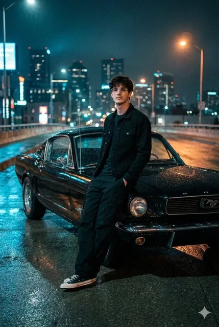 A Cinematic Night Photo On A Dimly Lit Urban Overpass With A View Of The City Skyline. In The Foreground, A Young Man Le