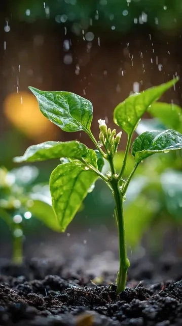 A small chili plant with glossy green leaves and one tiny white flower bud forming, emerging from dark damp soil. Light