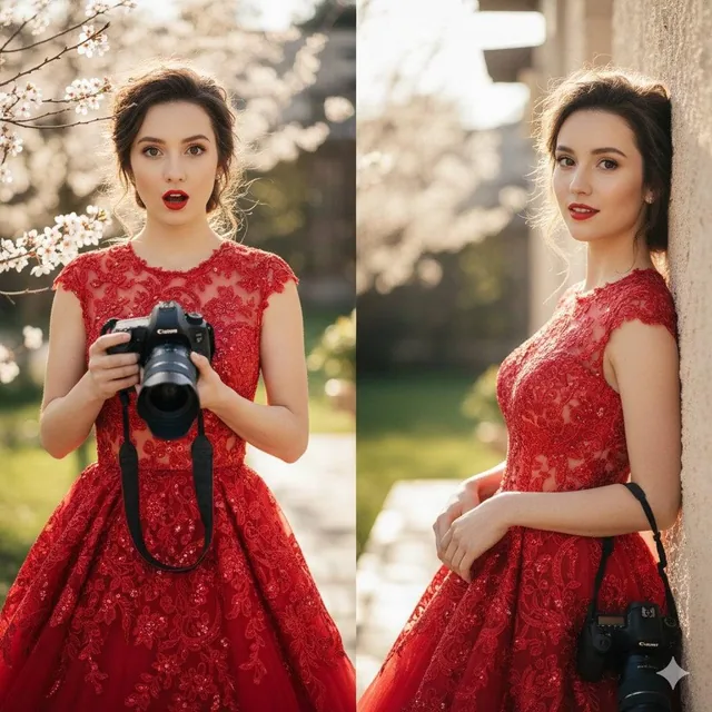 A young woman with an elegant, polished look. In one frame, she has an expressive, surprised "O" face; in the other, a s