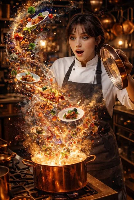 A hyper-realistic, high-speed commercial photograph featuring a man with uploaded face as reference in a chef's jacket,