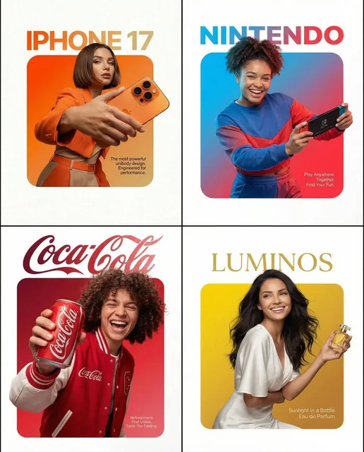 A professional high-end graphic design advertisement composition on a pure solid white canvas. Centered is a perfectly s
