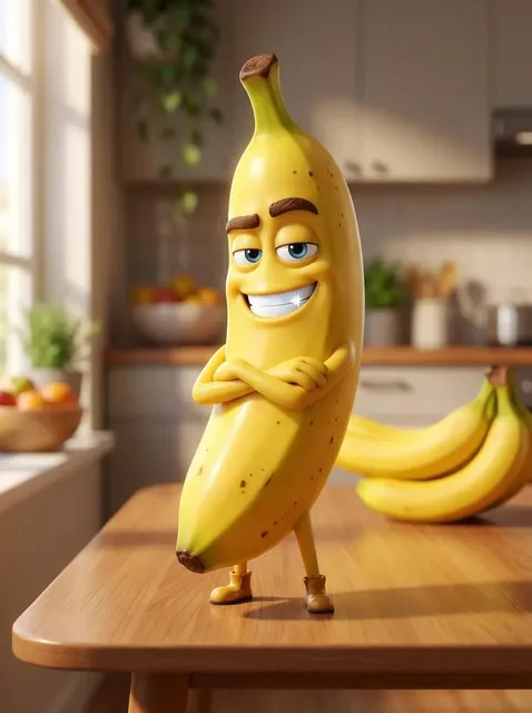 A Pixar-style 3D animated character of a single banana. Handsome male character with sharp confident eyes, thick stylish