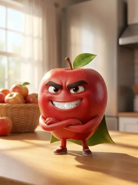 A Pixar-style 3D animated character of a single red apple. Handsome male character with sharp confident eyes, thick styl