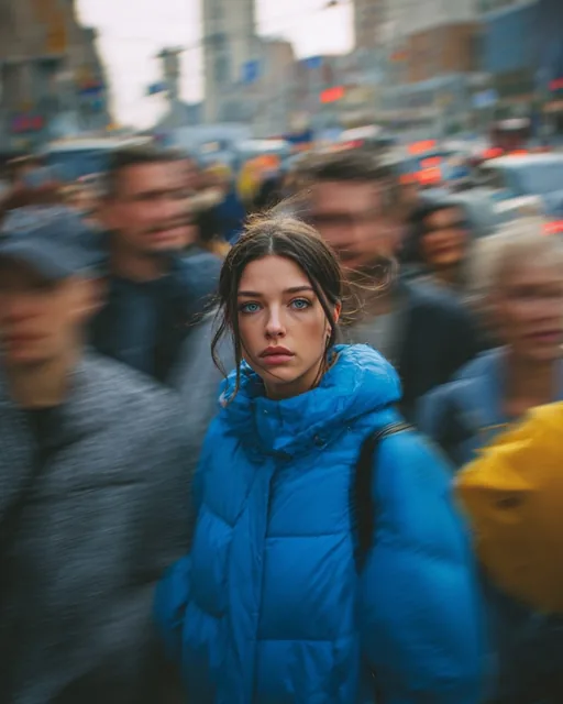 Ultra-realistic cinematic street portrait of a young woman in a bright blue puffer jacket standing still in the middle o