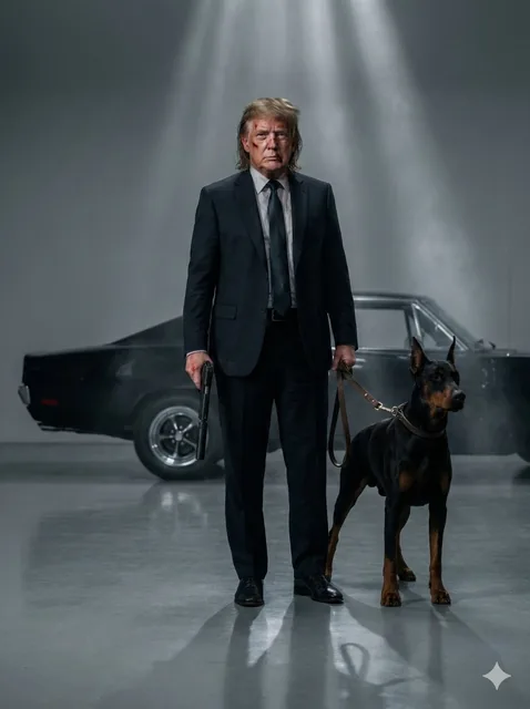 Full body cinematic shot of the person in the uploaded image as a hitman in a tailored black suit and tie standing in an