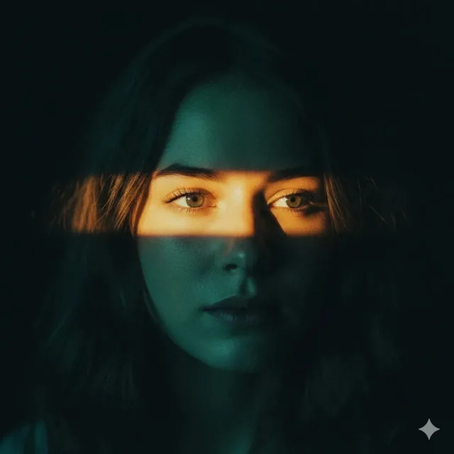 Ultra-realistic cinematic portrait of a young woman with soft brown hair, centered composition, dark moody background, d