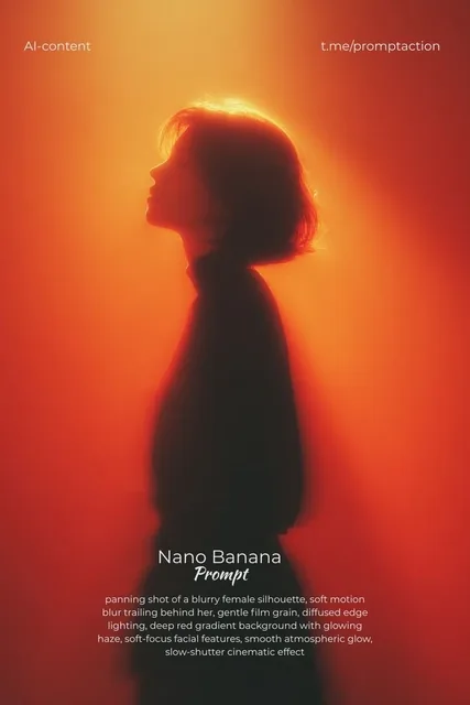 panning shot of a blurry female silhouette, soft motion blur trailing behind her, gentle film grain, diffused edge light