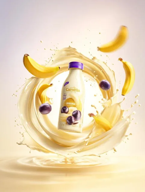 Premium banana milk drink bottle surrounded by swirling milk splash, floating bananas and berries, dynamic liquid motion