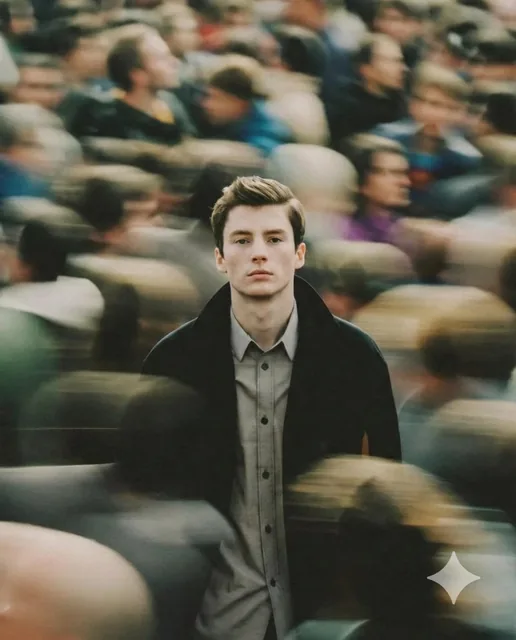 A cinematic portrait of a young man standing still in the middle of a busy crowd, sharp focus on the subject while peopl