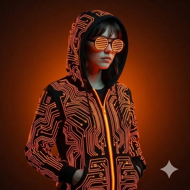 Ultra-realistic cinematic studio portrait using provided person only. Subject wears black cyberpunk hoodie fully covered