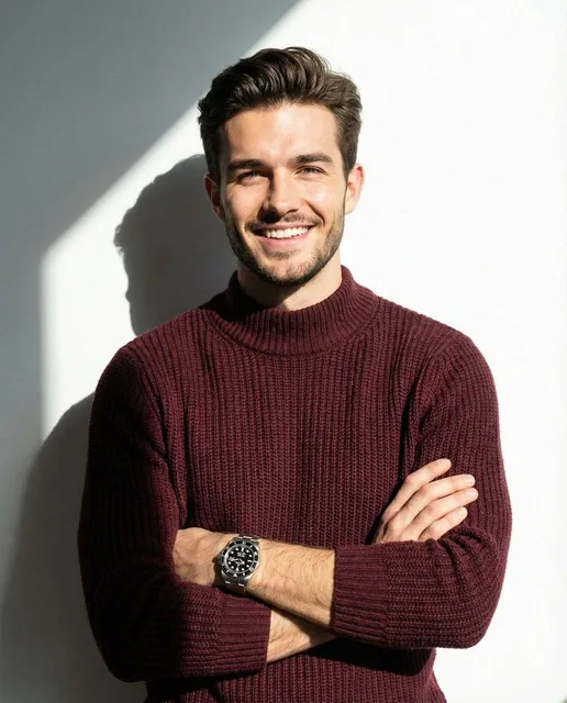 A man smiling and posing with his arms crossed, wearing a maroon knitted high-collar sweater, with a high-end Rolex watc