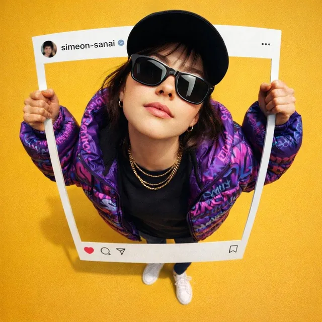 Create an Ultra-realistic photo composite of uploaded person breaking out of an Instagram post frame. Standing pose, bot